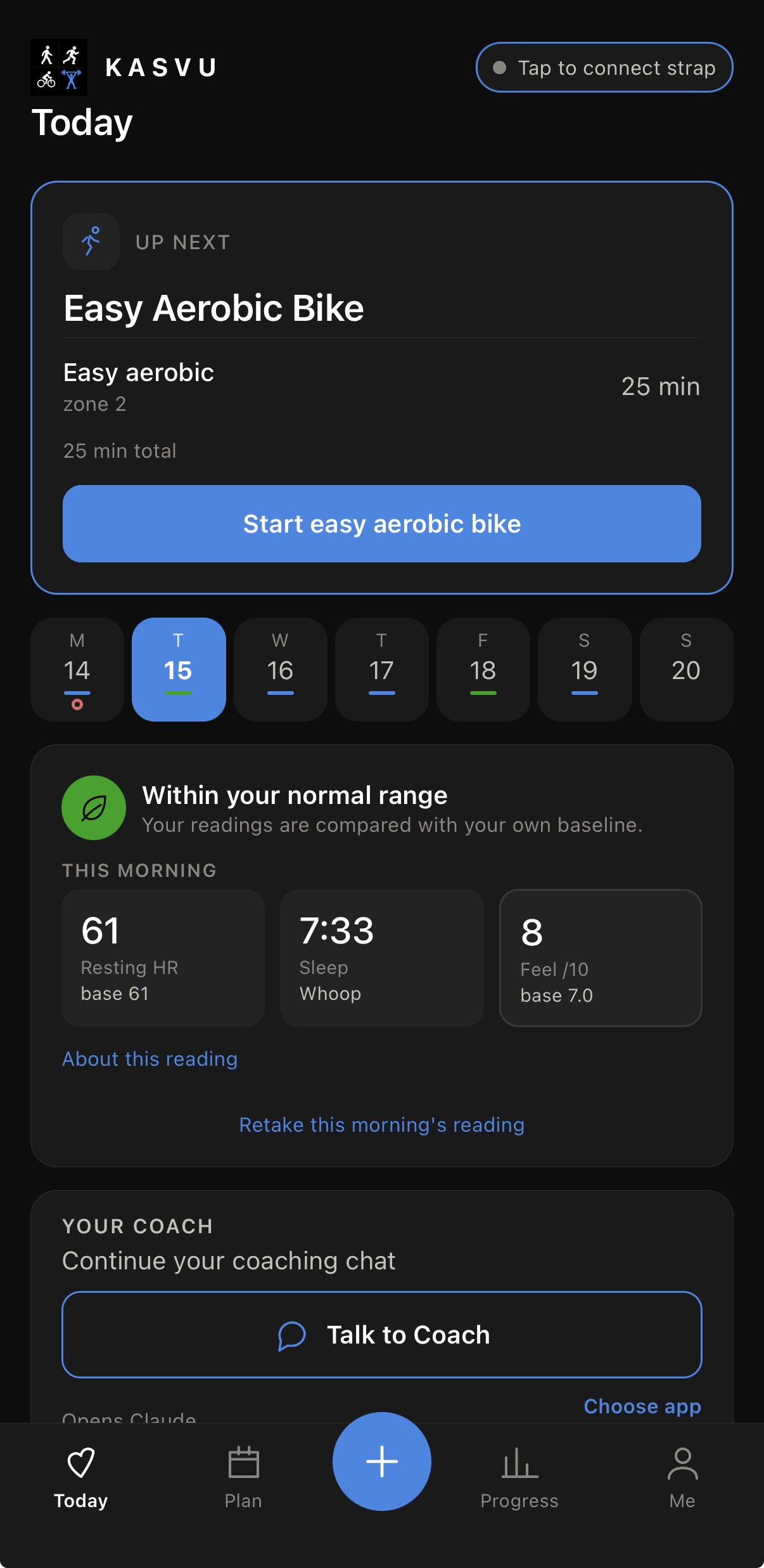 Kasvu Today screen showing the upcoming workout, morning readings, and coach