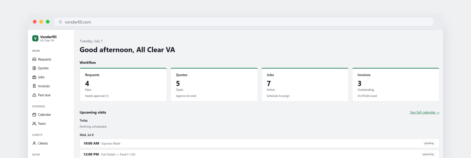 Vonderfill booking and payments dashboard